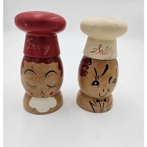 Vintage Japanese Wooden Salt And Pepper Shakers Hand Painted Salty & Peppy 5"x2"